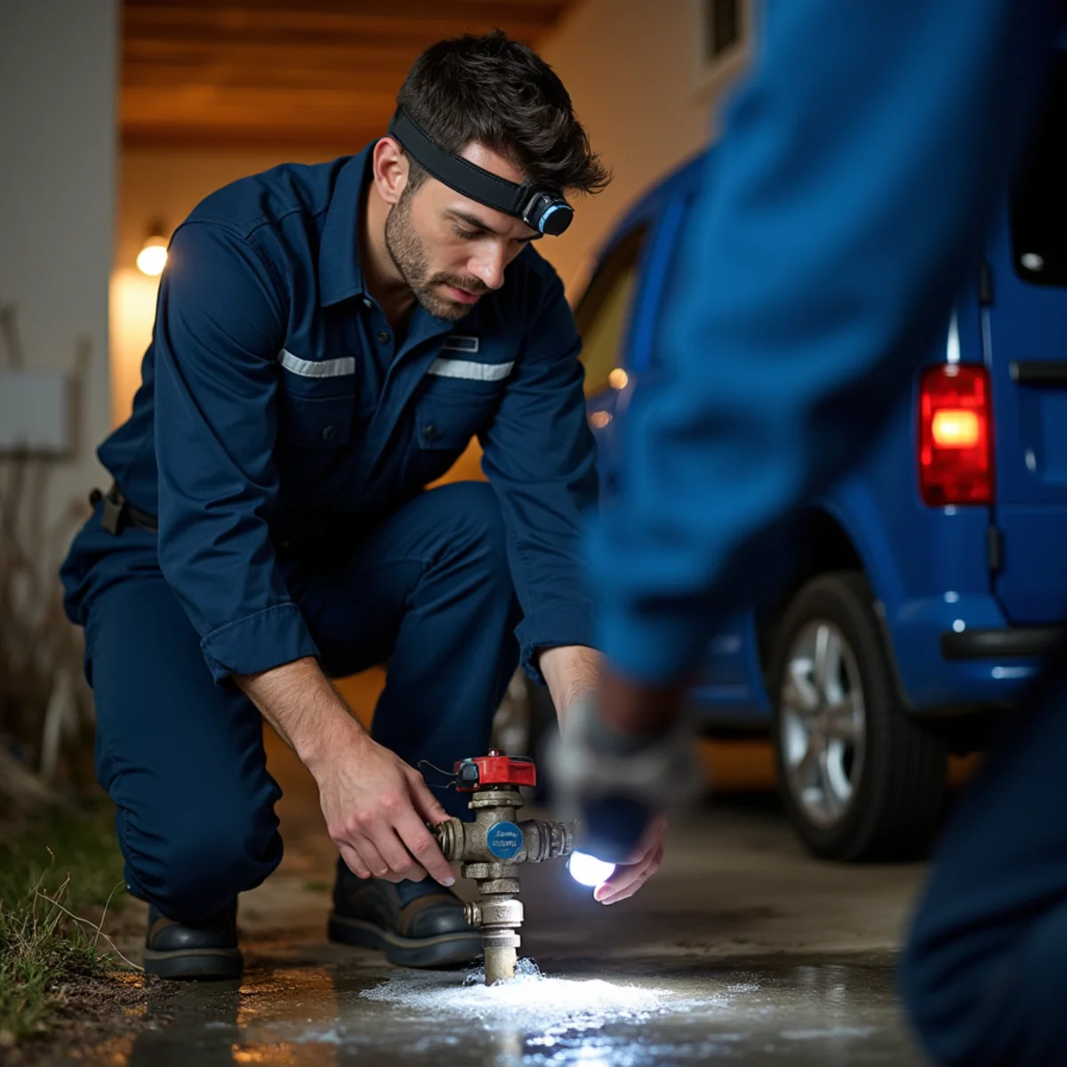 Emergency plumber shutting off a burst water line in an Englewood, CO home at night