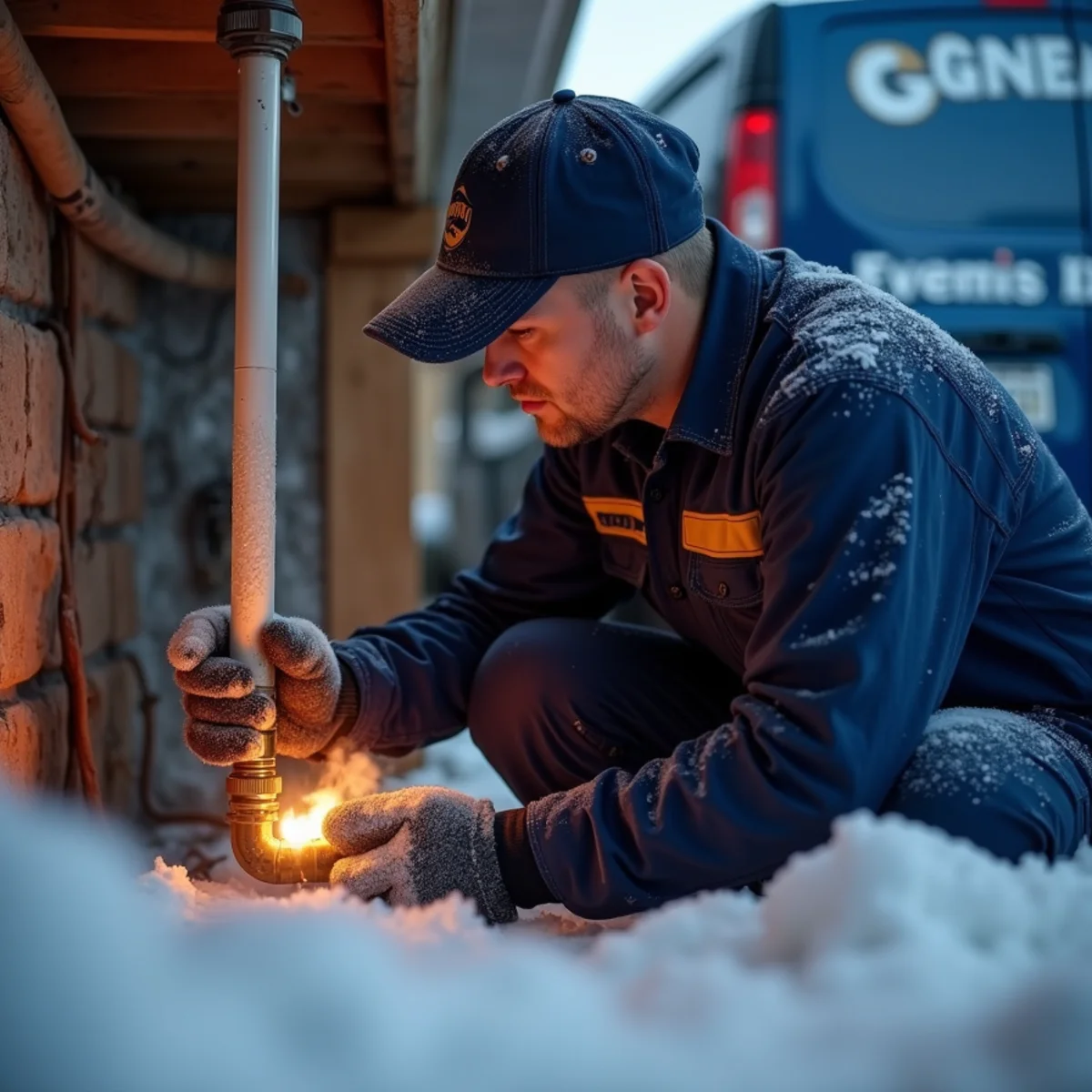 Plumber thawing and repairing a frozen pipe in an Englewood, CO home during winter