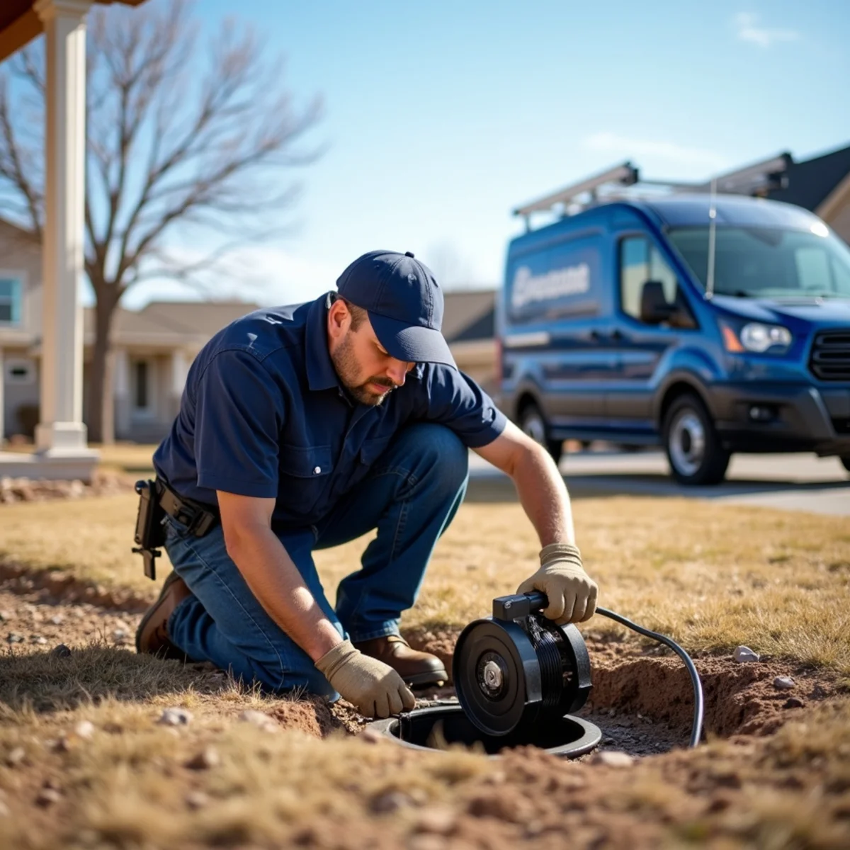 Licensed plumber servicing a sewer line at an Arapahoe County, CO home