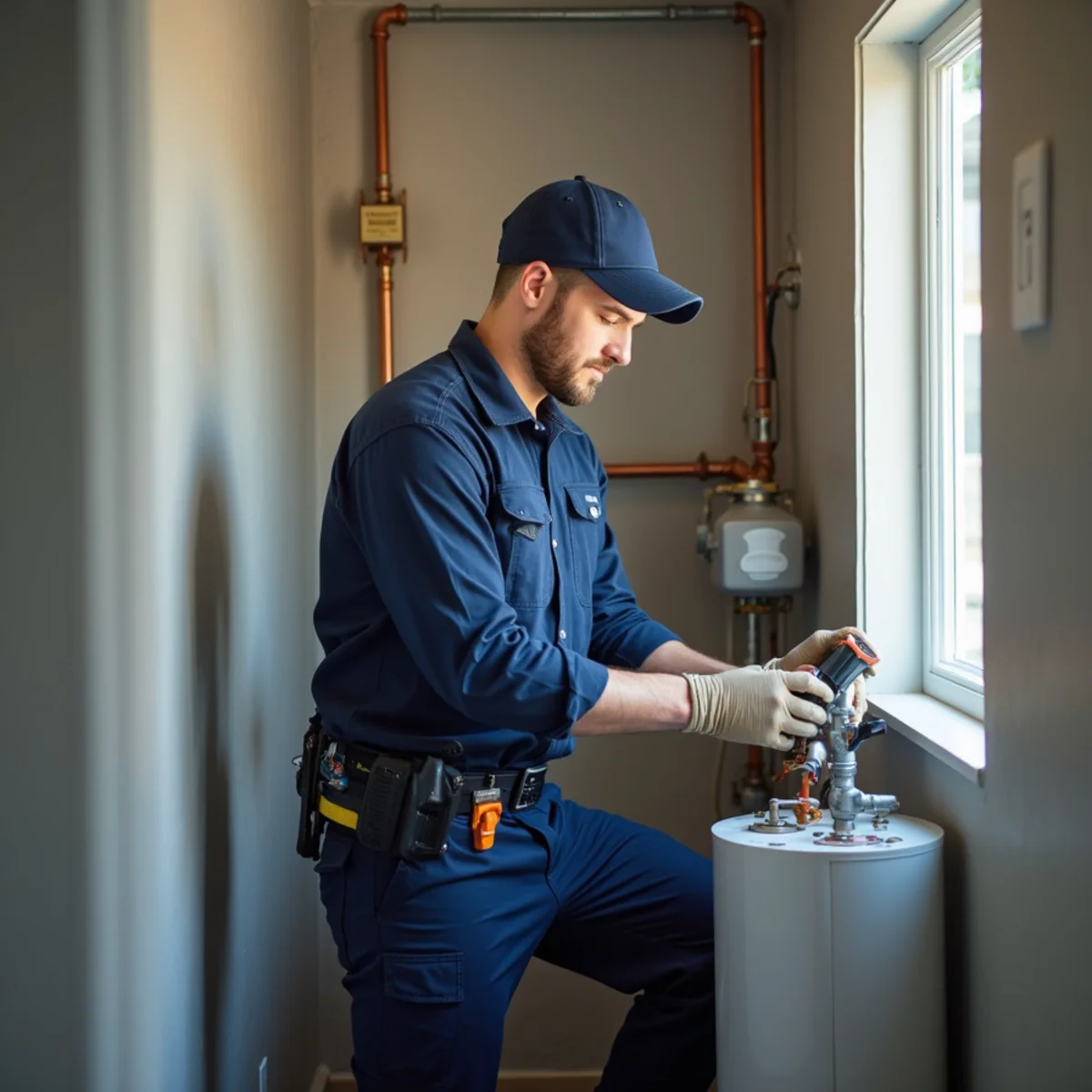 Licensed plumber servicing a water heater in a Broomfield, CO home
