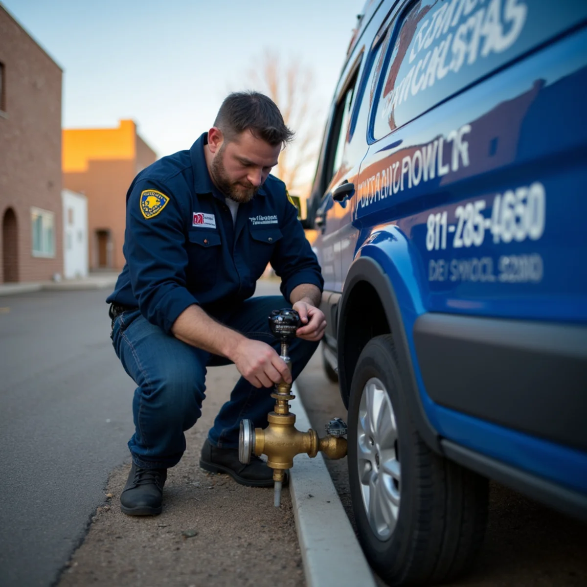 Licensed plumber testing a backflow assembly at a Commerce City, CO business