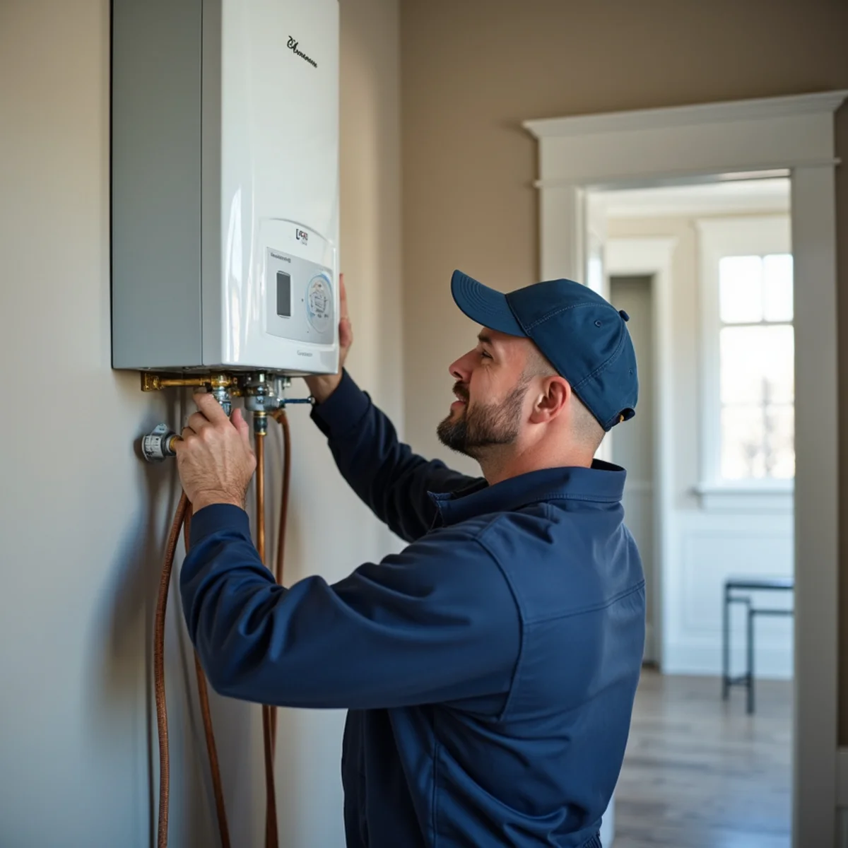 Licensed plumber servicing a tankless water heater in a Greenwood Village, CO home