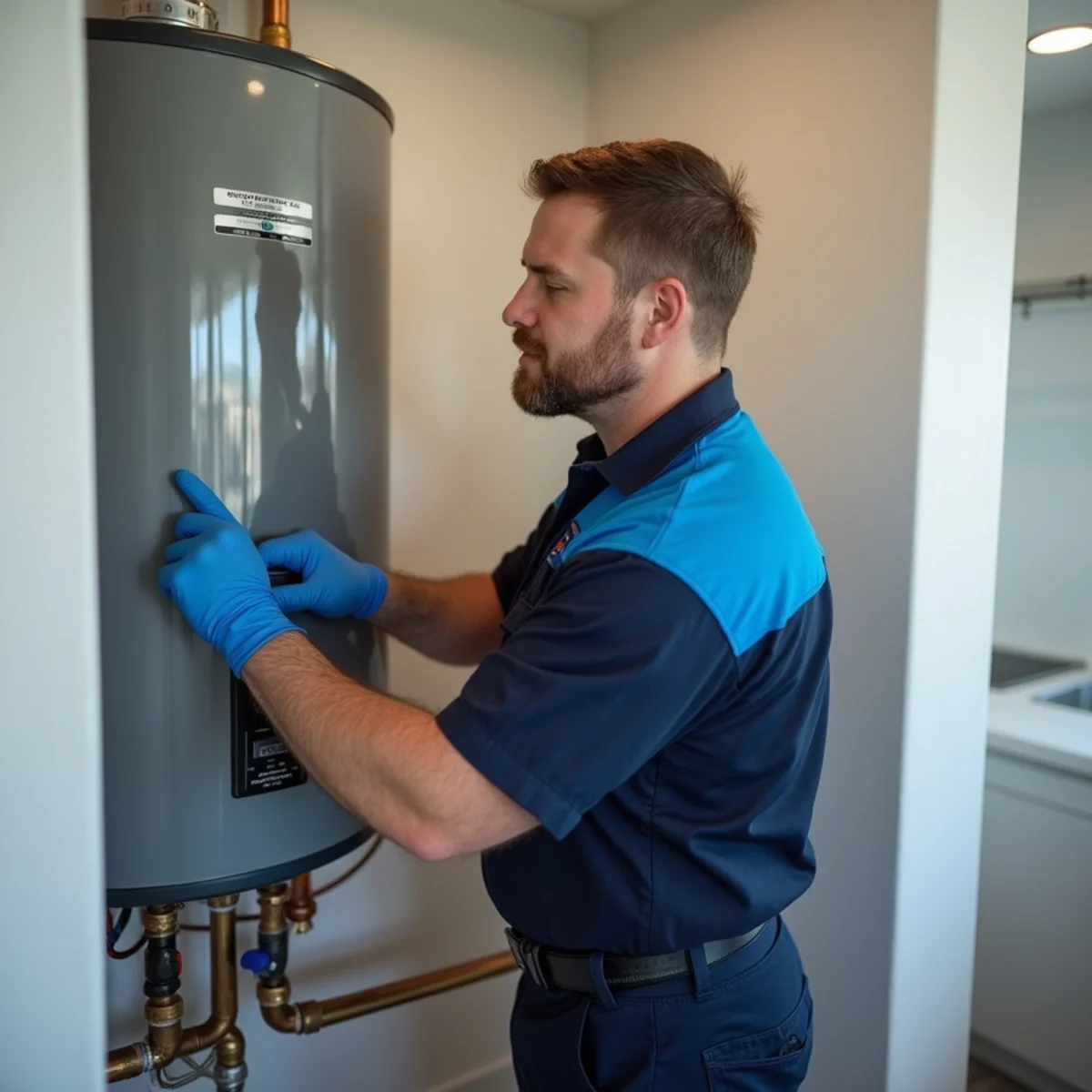 Licensed plumber servicing a tankless water heater in a Lone Tree, CO home
