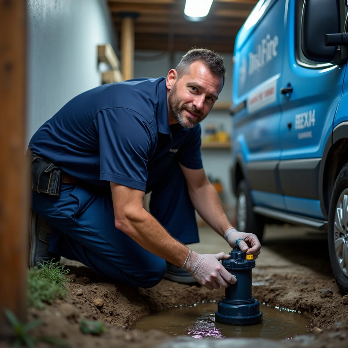 Plumber servicing a basement sump pump in an Englewood, CO home